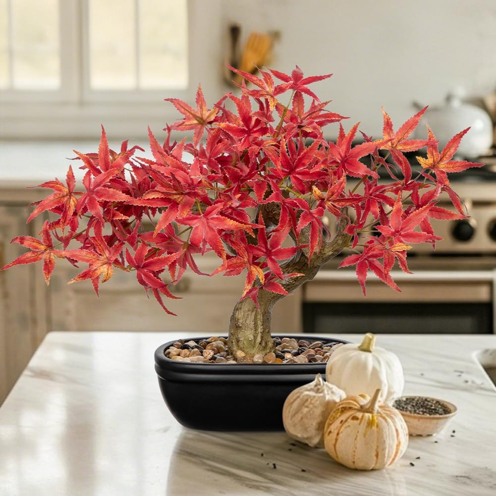 Artificial Maple Bonsai Tree, Mini Japanese Bonsai Plant in Ceramic Pot, Faux Potted Maple Desk Ornament, Indoor Tabletop Home Office Decor, Zen Garden Decoration