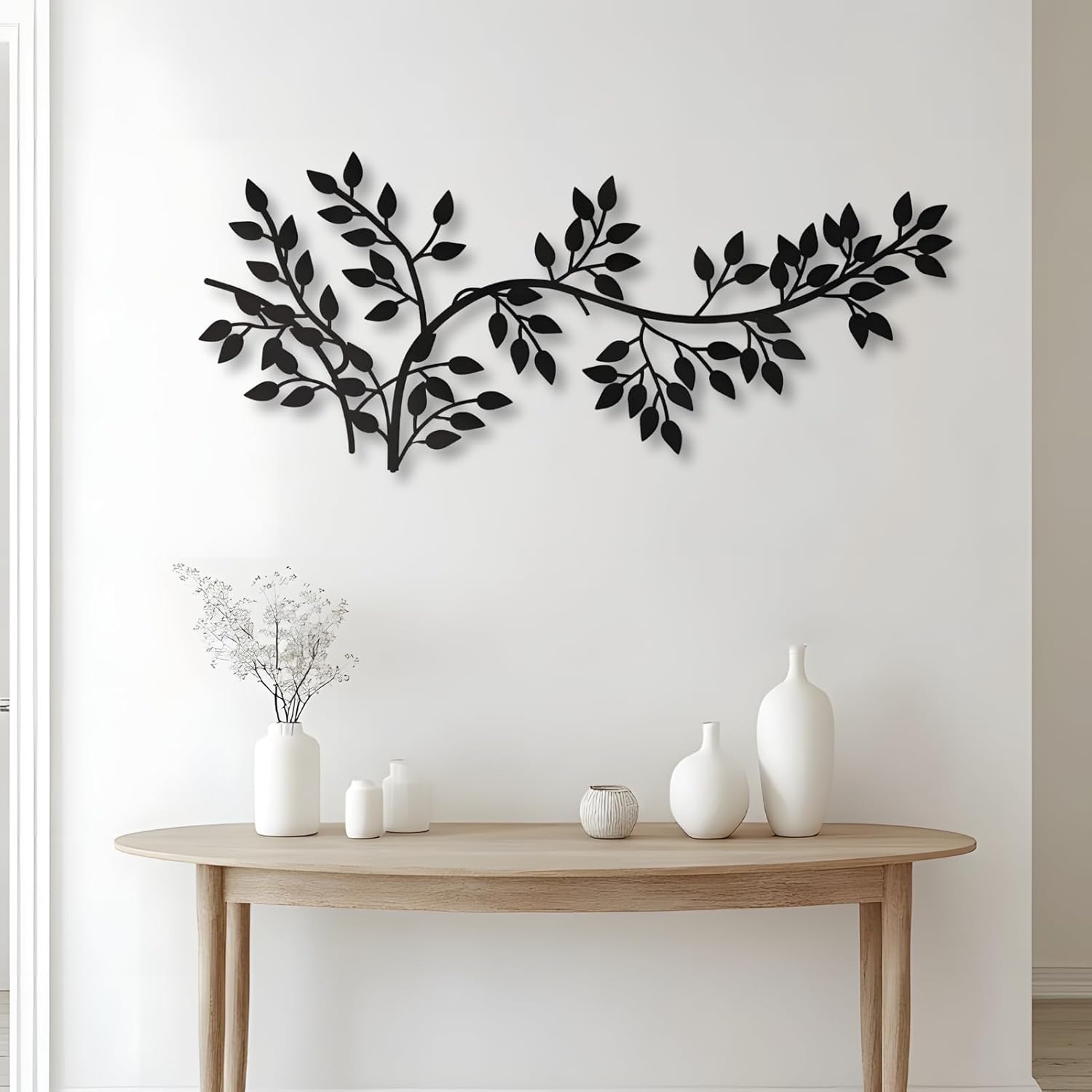 Elegant Metal Tree Wall Art Decor,Modern Branch Design with Ivy & Palm Leaf Accents,Black Metal Wall Sculpture for Living Room, Bedroom (42" x 19" | 106 x 49cm)