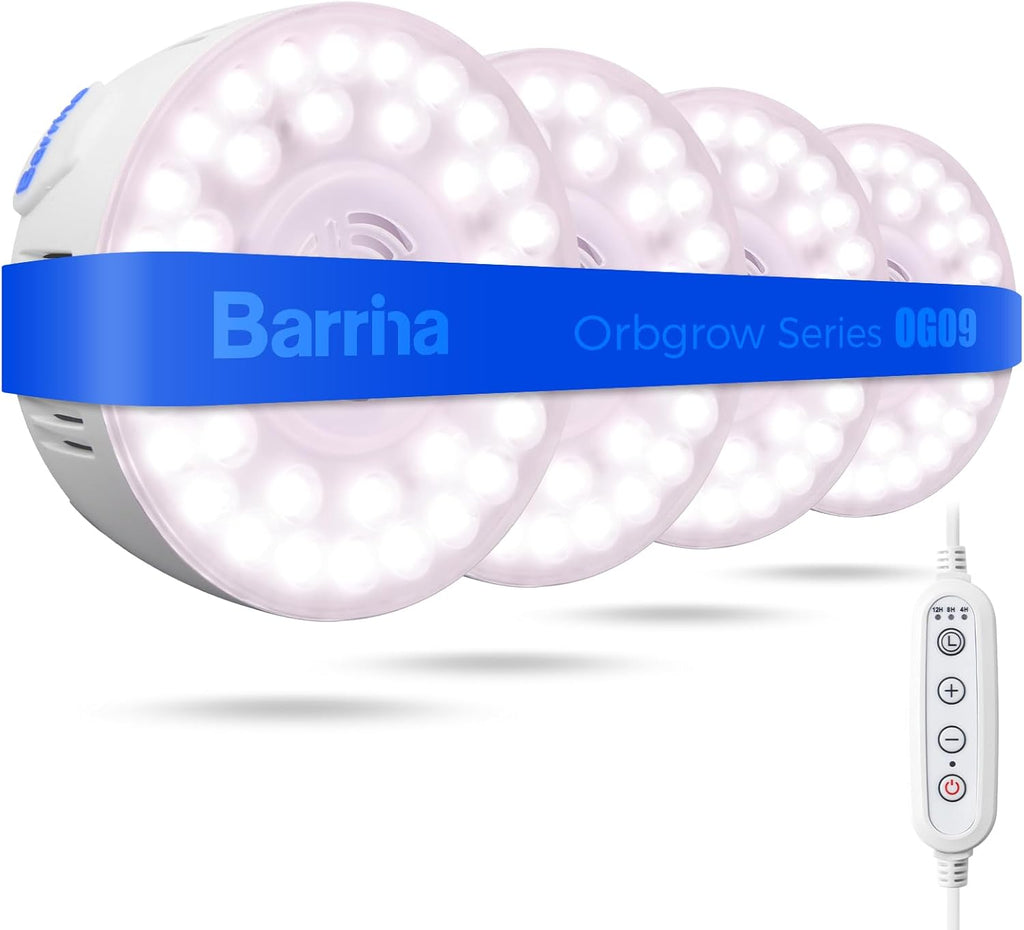 Barrina Orbgrow OG09 Puck Grow Light with Timer, Pinkish White 36W(4 x 9W, 540 Watt Equiv), Full Spectrum Plant Light for Indoor Plants, Magnetic & Linkable, 5 Levels Dimmable for Plant Shelf, 4 Packs