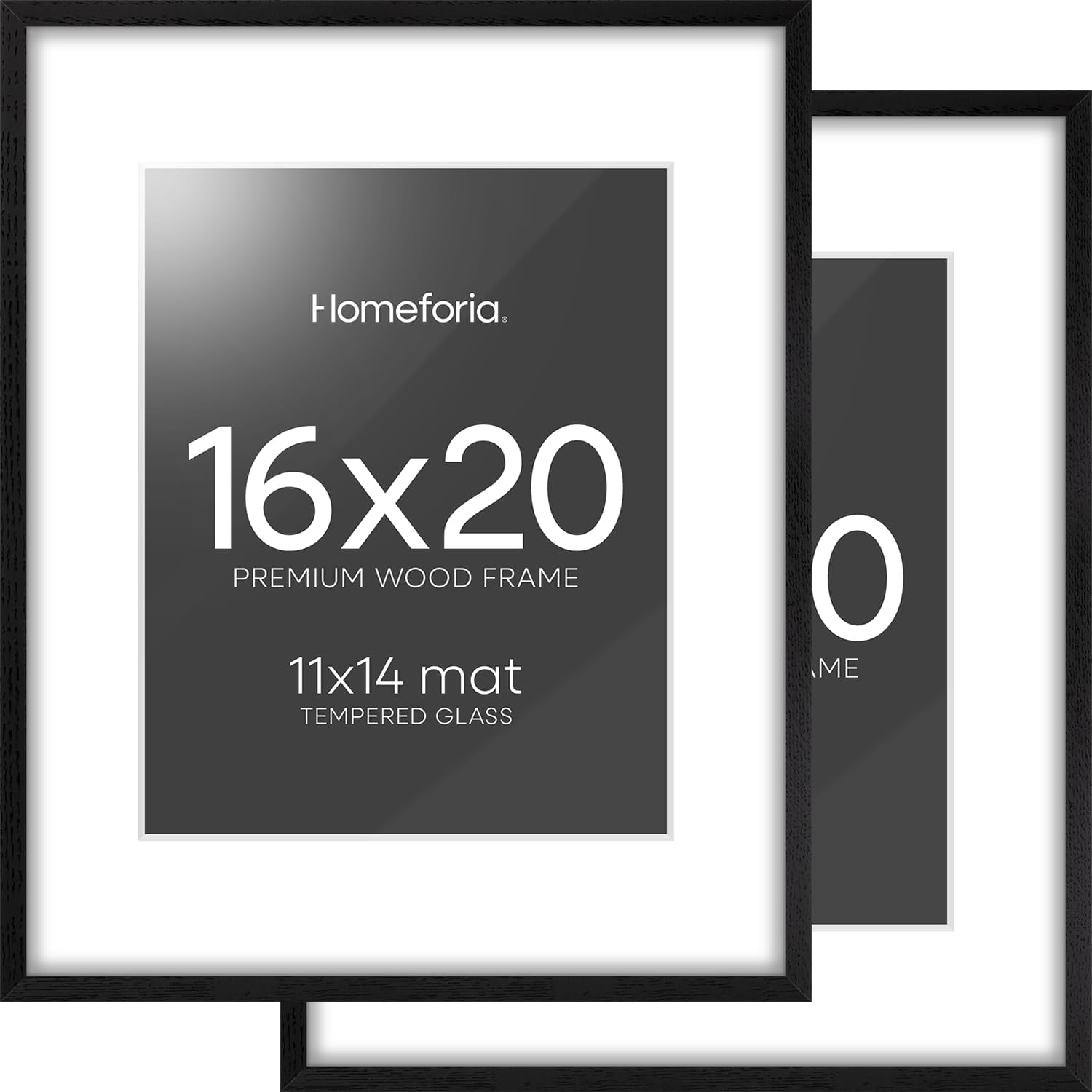 Homeforia 16x20 Black Wood Frame, High End Oak 16x20 Picture Frames with Mat 11x14 Photo, 16 x 20 Wooden Poster Frame Matted to 11 by 14 Print, 20x16 Hanging Frames, Tempered Glass, Wall Kit, Set of 2