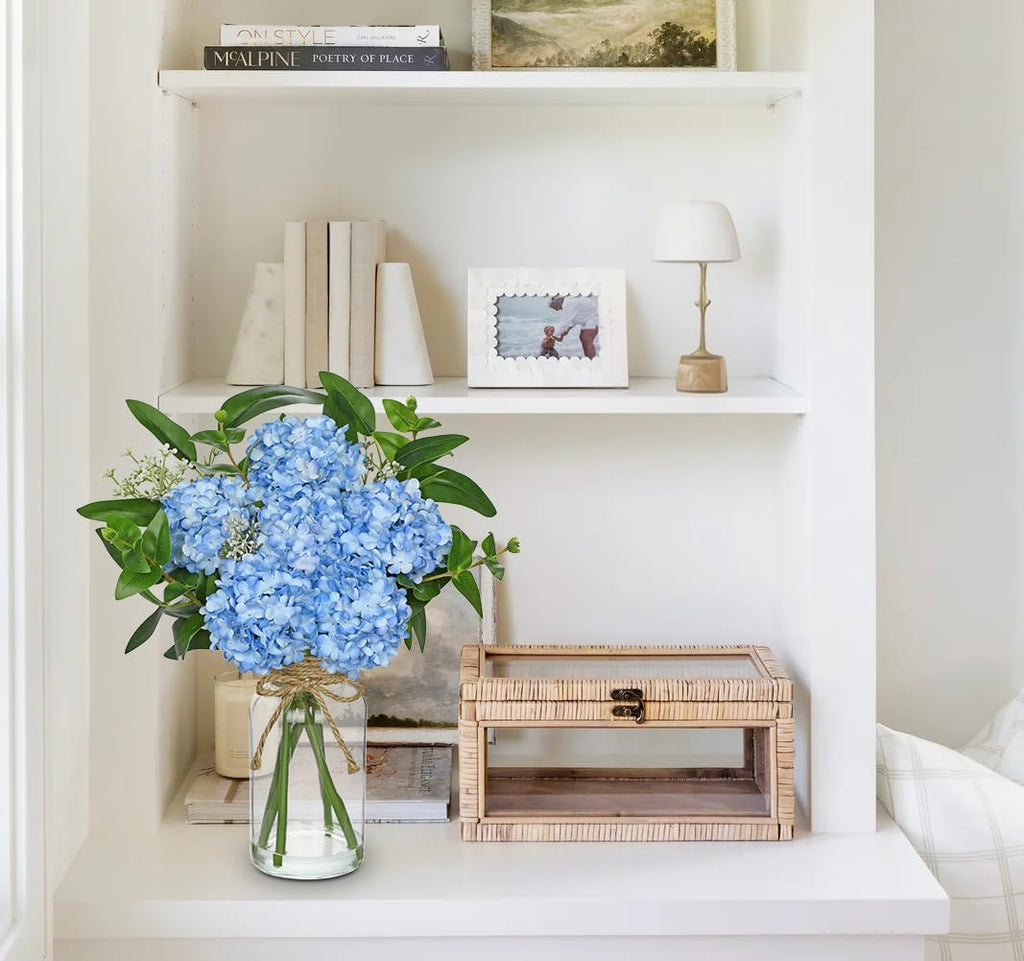Hollyone Blue Hydrangea Artificial Flowers in Clear Glass Vase with Faux Water Silk Hydrangeas Fake Flowers Floral Arrangement for Home Bathroom Kitchen Office Table Centerpiece Shelf Decorations