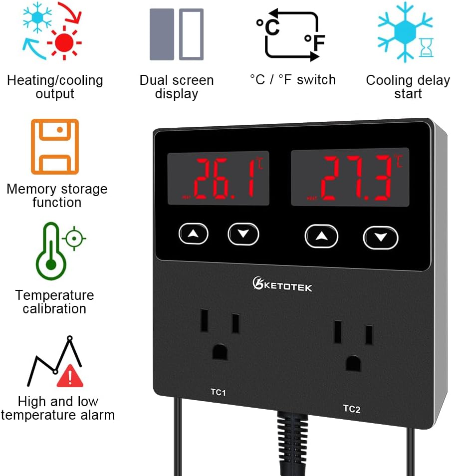 KETOTEK KT99pro Dual Digital Temperature Controller Outlet 10A Relay Heating Coolling Thermostat Controlled Socket with Sensor for Reptile Brewing Fermentation Breeding Incubation Greenhouse