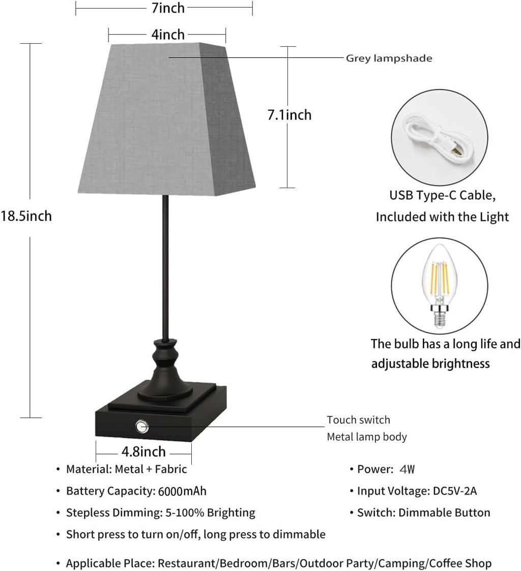 Rechargeable LED Table Lamps with Stepless Touch Control,Black Cordless Lamp for Living Room&Bedside&Patio&Shower,Small Desk Lamp(6000mAH Battery),1 Pack for Home Decor,Best Gifts for Family