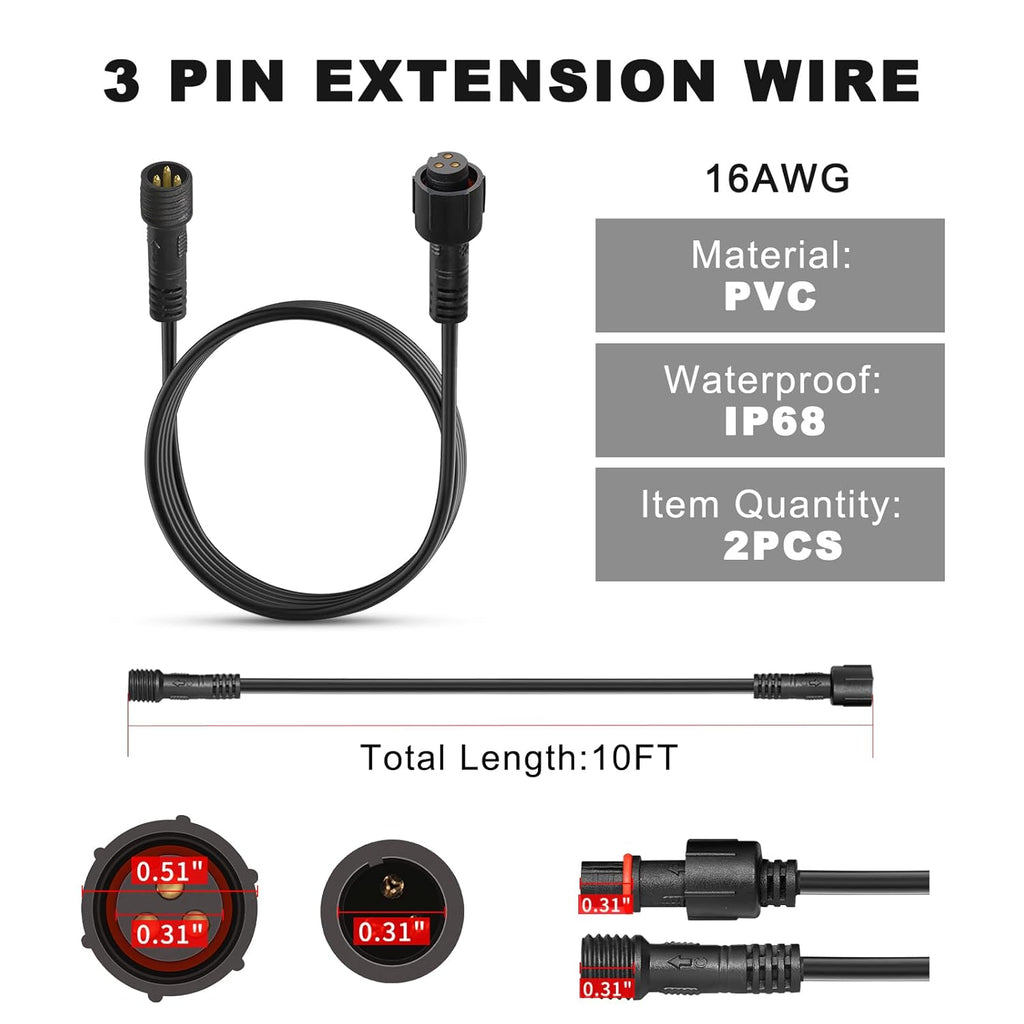 2 PCS 10FT 3 Pin RGB Rock Light Extension Cable, Rock Light Extension Wire with Male and Female Connectors