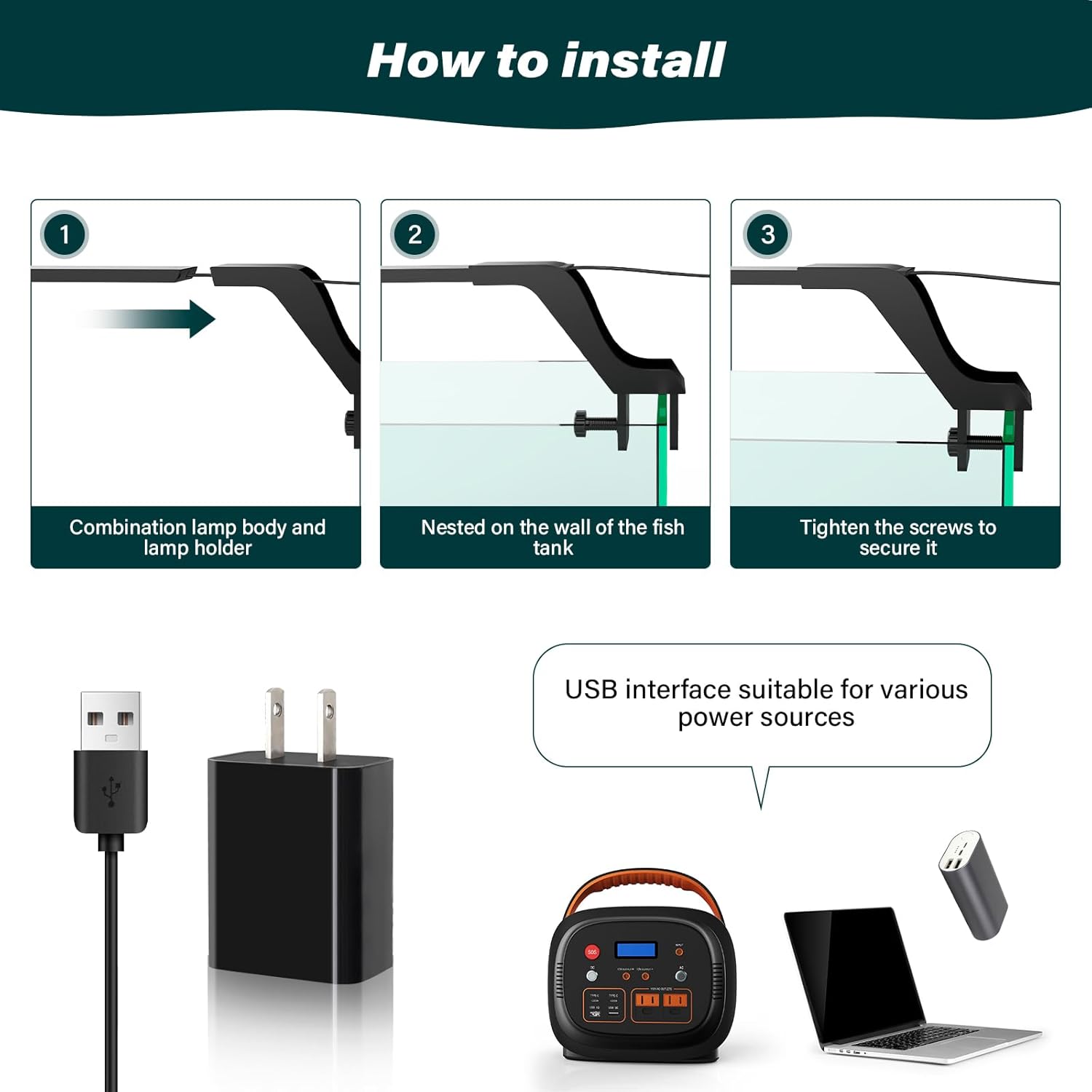 AQQA Aquarium Clip On Light,Fish Tank Full Spectrum LED Light,24/7 Sunrise Sunrise Mode+10 Adjustable Brightness Levels+Detachable Bracket+RGB LEDs + USB and Adapter,for Freshwater (14W)