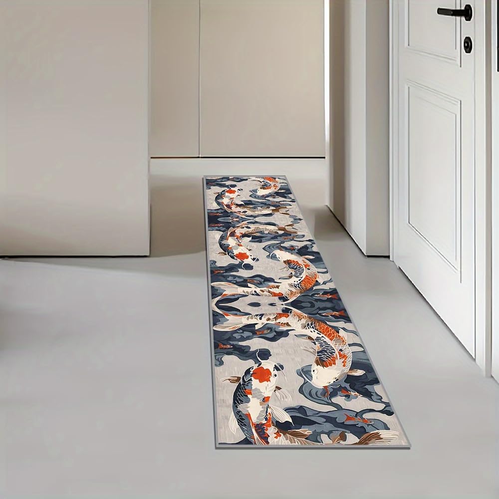Chinese Koi Runner for Entryway, 2x10ft, Ink Painting Koi Fish Indoor Carpet, Breathable Soft Reduce Noise Kitchen Rug, Printed Fade Resistant Durable Rugs for Indoor Entry Kids Teen