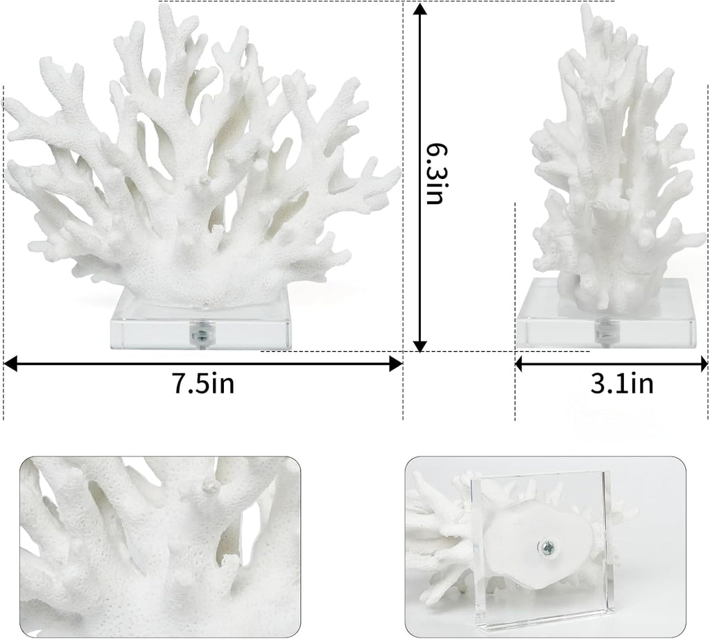 Coral Reef Ocean Decor, 6.3'' High x 7.5'' Width Artificial Resin Coral Reef Statue for Ocean Coastal Beach Nautical Themed Room Bathroom Decor for Home, RB1001W, White