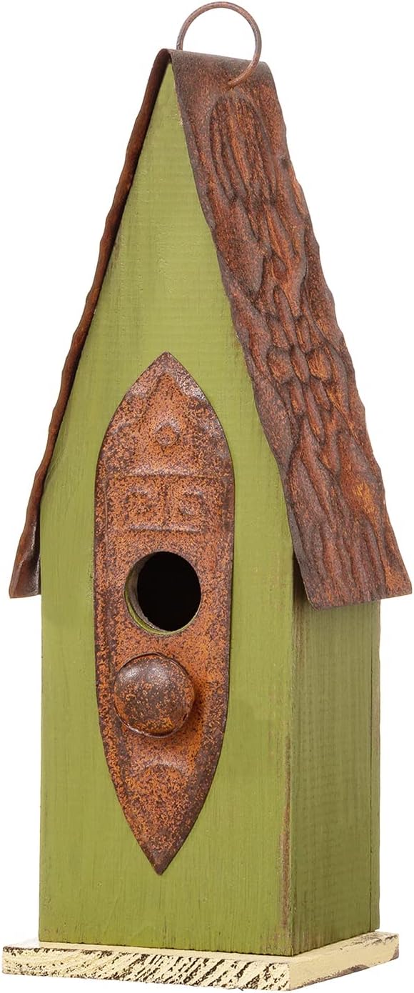 Glitzhome Distressed Green Solid Wood Birdhouse Hand Painted Hanging Bird House for Outdoors 13.25" H