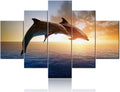 Fish Artwork for Walls Portraits of Dolphin Pictures Marine Sunset Paintings for Living Room 5 Panel Printed on Canvas Undersea Animal Wall Art Home Decor Stretched Framed Ready to Hang(60''Wx 40''H)
