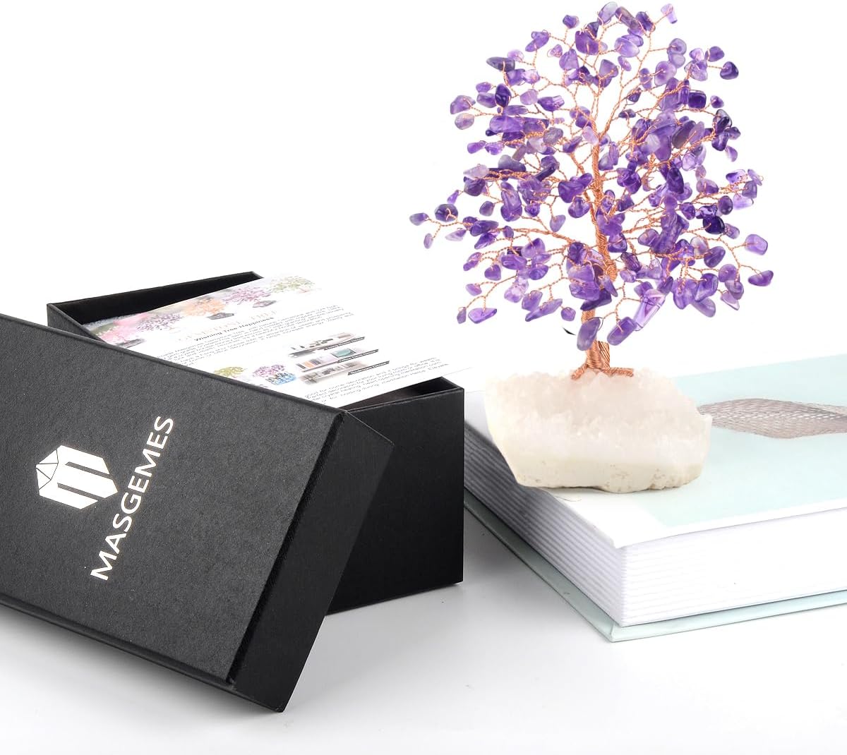 Natural Amethyst Crystal Tree of Life,Clear Quartz Cluster Base,Healing Crystals Positive Energy Gem Money Tree Bonsai,Feng Shui Decor,Spriture Gift Size 5.5"-6.3"