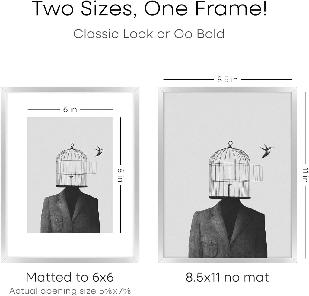 Homeforia 8.5x11 Picture Frame Silver, High End Metal 8.5 x 11 Poster Frames with Mat 6 by 8 Photo, 11x8.5 Frame Matted to 6x8 Print, 8.5by11 Wall or Tabletop Frame, Tempered Glass, Wall Kit, Set of 3