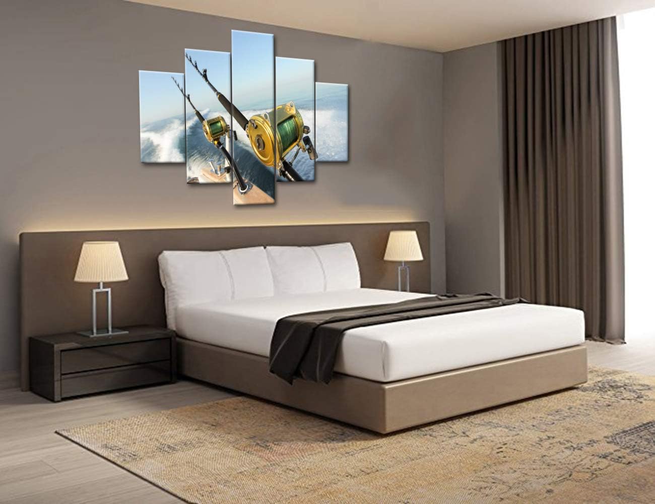 Multi Panel Canvas Wall Art Fishing Reels and Rods Paintings for Bedroom Giclee Angling Boat Artwork Modern Home Decor Seascape Pictures Wooden Framed Ready to Hang Posters and Prints(60''Wx40''H)