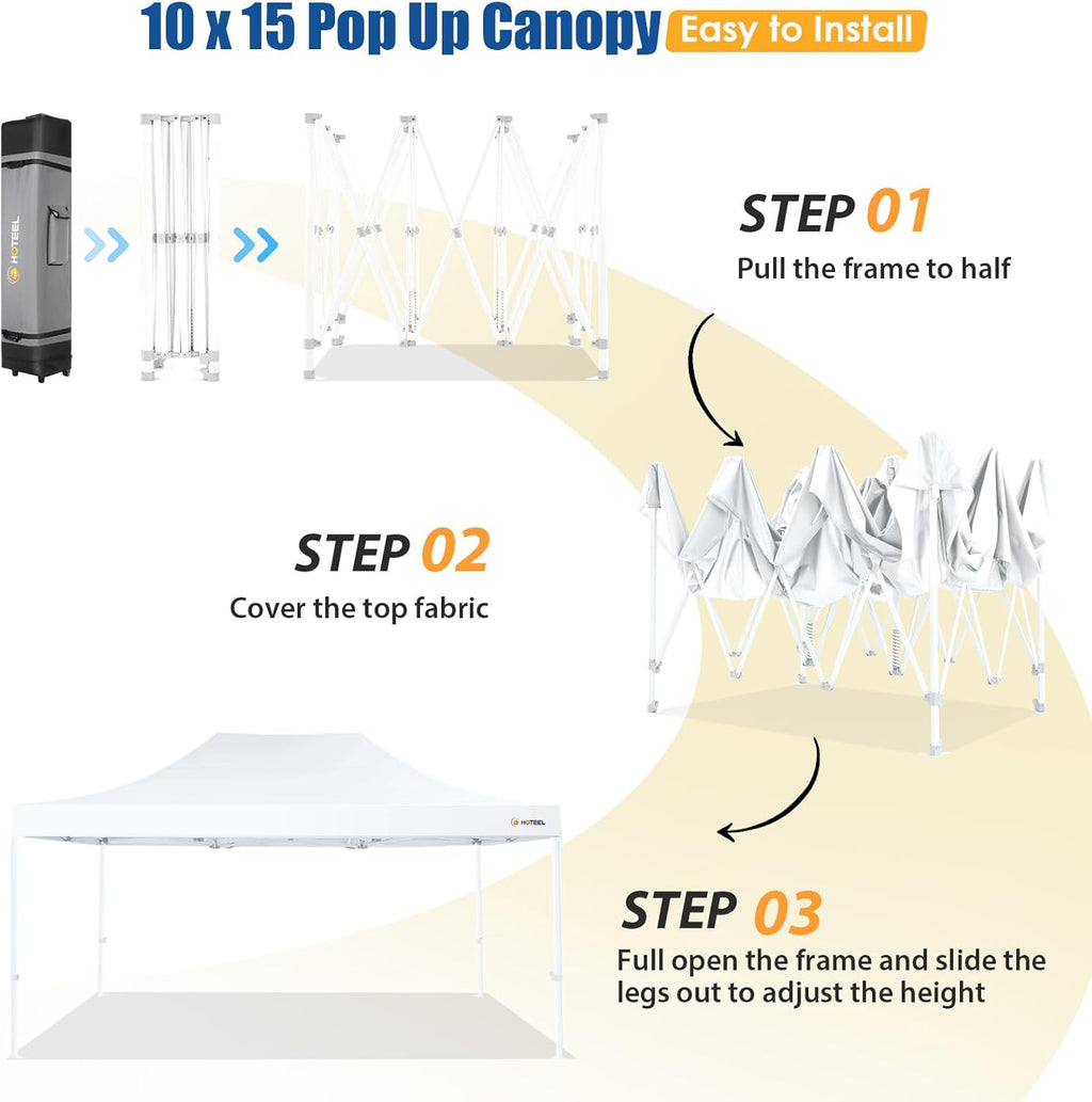 HOTEEL 10x15 Pop up Canopy Tent for Parties, Heavy Duty Easy Setup Tent Without Sidewalls, Outdoor Commercial Instant Gazebo for Wedding Event, with Roller Bag & Sand Bags, White(Hexagonal Frame)