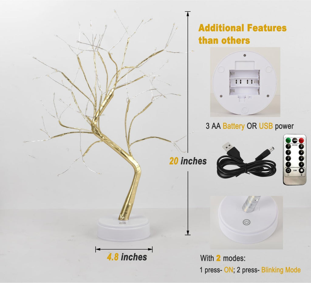 Twinkling Tree Fairy Light Spirit Tree Lamp Bonsai Tree Light, Fairy Light Tree, Cute Room Decor Aesthetic Decor, Twinkle Tree (Gold Branch 108 LED with Remote)