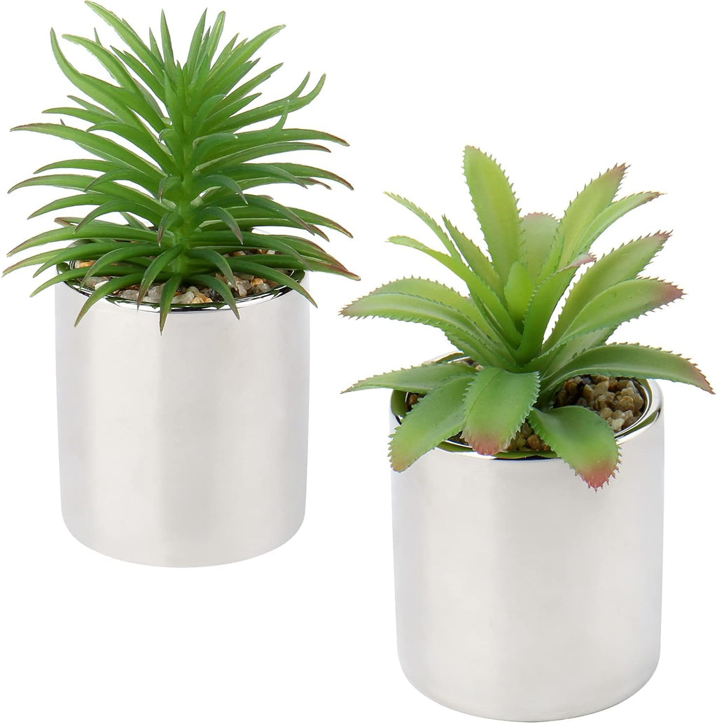 Briful Small Artificial Succulents in Pots Set of 2 Realistic Faux Succulents Plants with Silver Ceramic Pots Cute Mini Fake Plants Decor for Modern Home Table Office Desk Bathroom Shelf Decoration