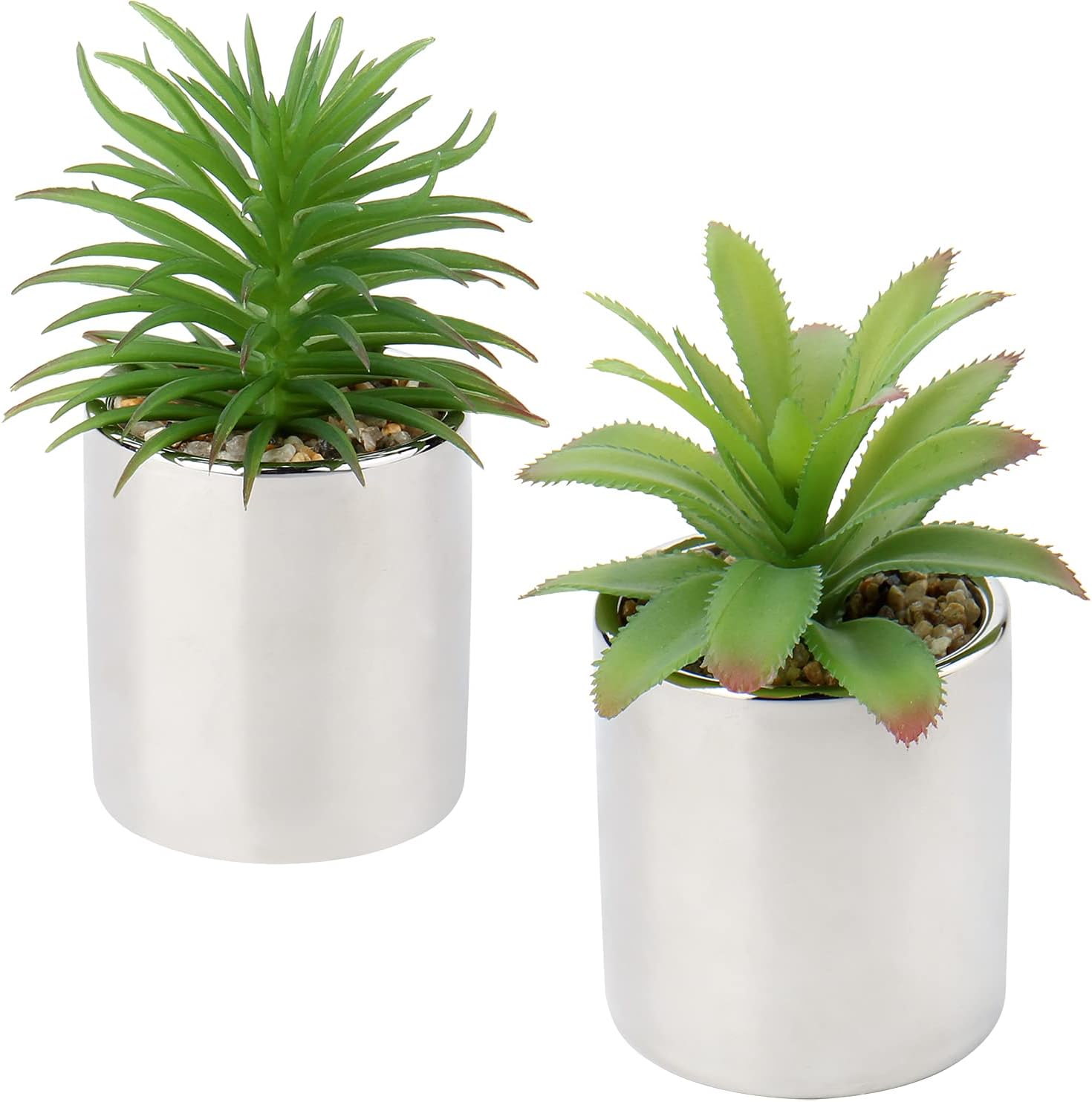 Briful Small Artificial Succulents in Pots Set of 2 Realistic Faux Succulents Plants with Silver Ceramic Pots Cute Mini Fake Plants Decor for Modern Home Table Office Desk Bathroom Shelf Decoration