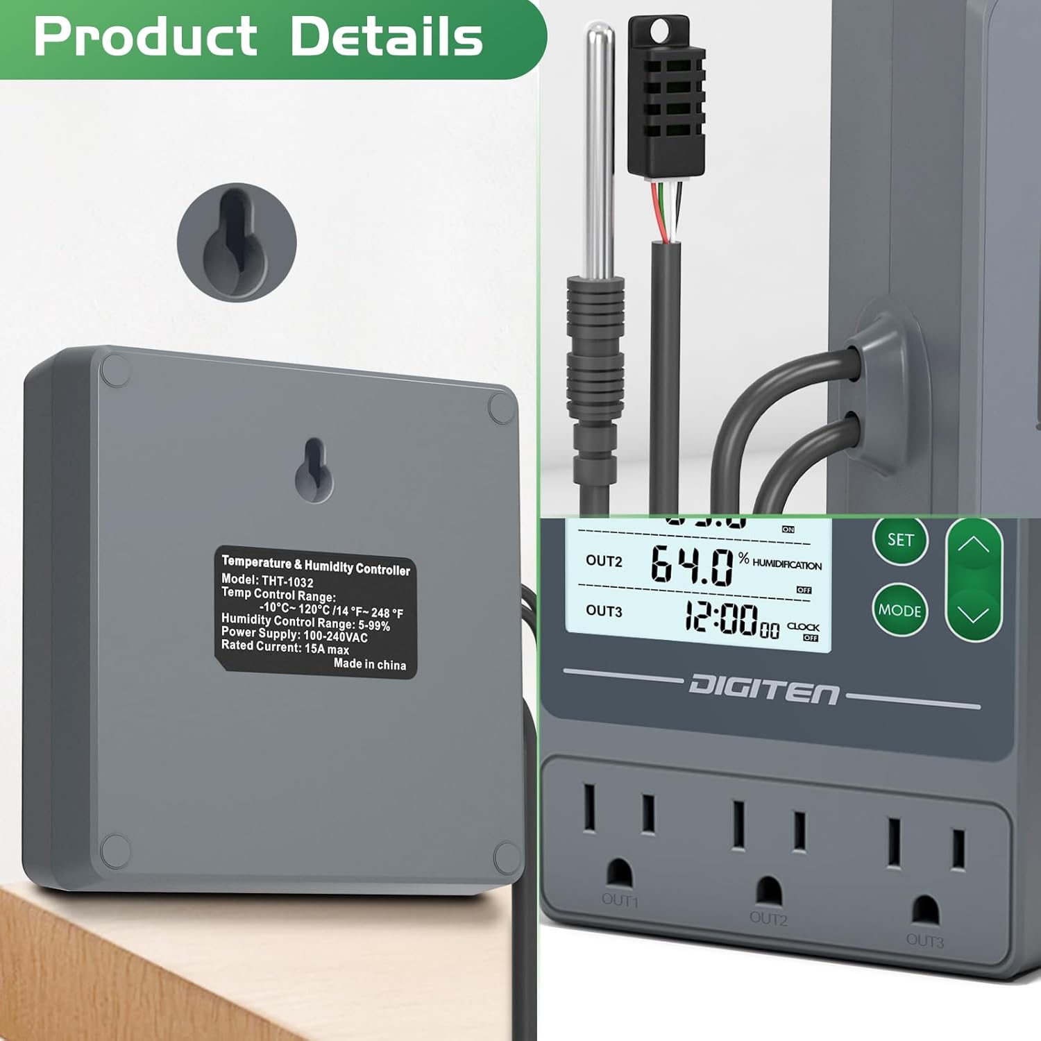 Dual Probe Temperature & Humidity Controller, Independent Sensors for Precise Temperature and Humidity Control, Compatible with Humidifiers, Dehumidifiers, Heating & Cooling Systems