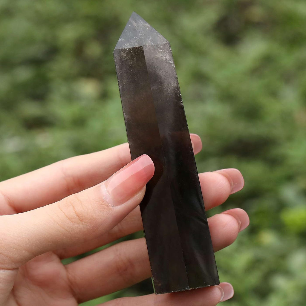 LAIDANLA Smoky Quartz Healing Crystals Wands 3.5-4" Polishing Natural Reiki Energy Wand Stone Hexagonal Point Large Crystal Gemstones for Meditation Therapy Crystal Grid Decoration 1Pcs