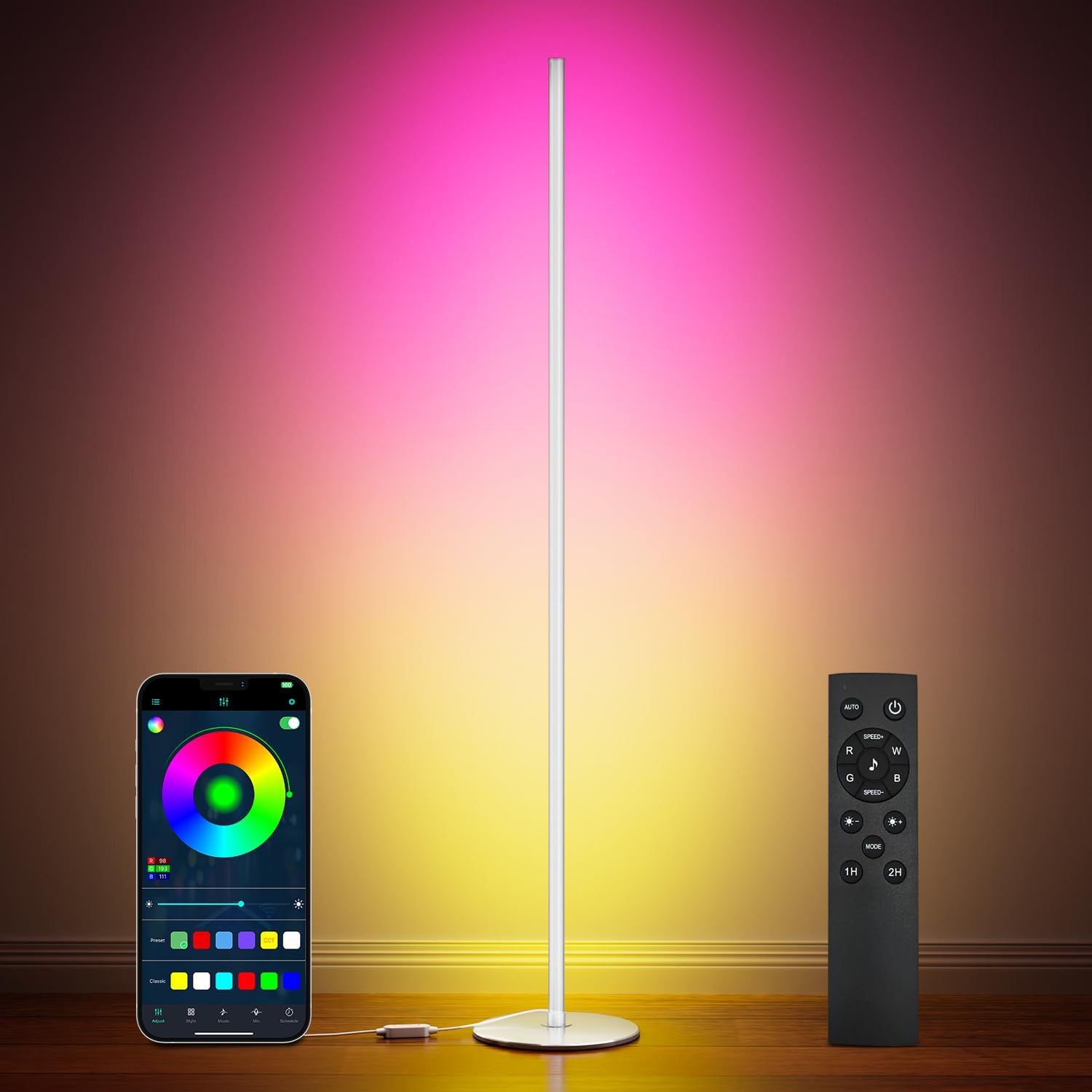 luckystyle Smart RGB Corner Floor Lamp,Bright LED Tall Modern Floor Lamp with APP and Remote,Ambient Lighting Color Changing Standing Lamps with Music Mode and Timing for Living Room,Bedroom White