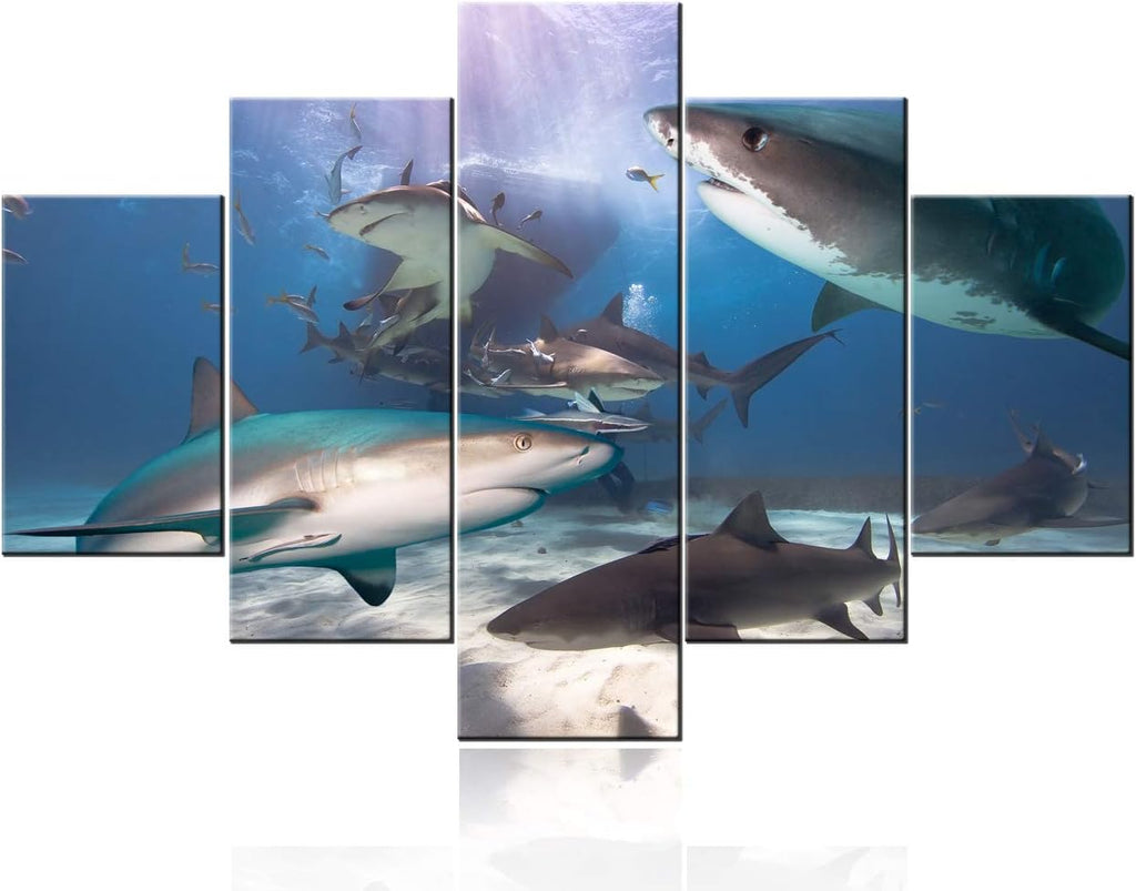 Artwork for Home Walls Shark Fish Pictures Undersea Paintings Multi Panels Printed on Canvas Sunlight Wall Art for Living Room Home Modern Decor Gallery-Wrapped Framed Ready to Hang(60''WX40''H)