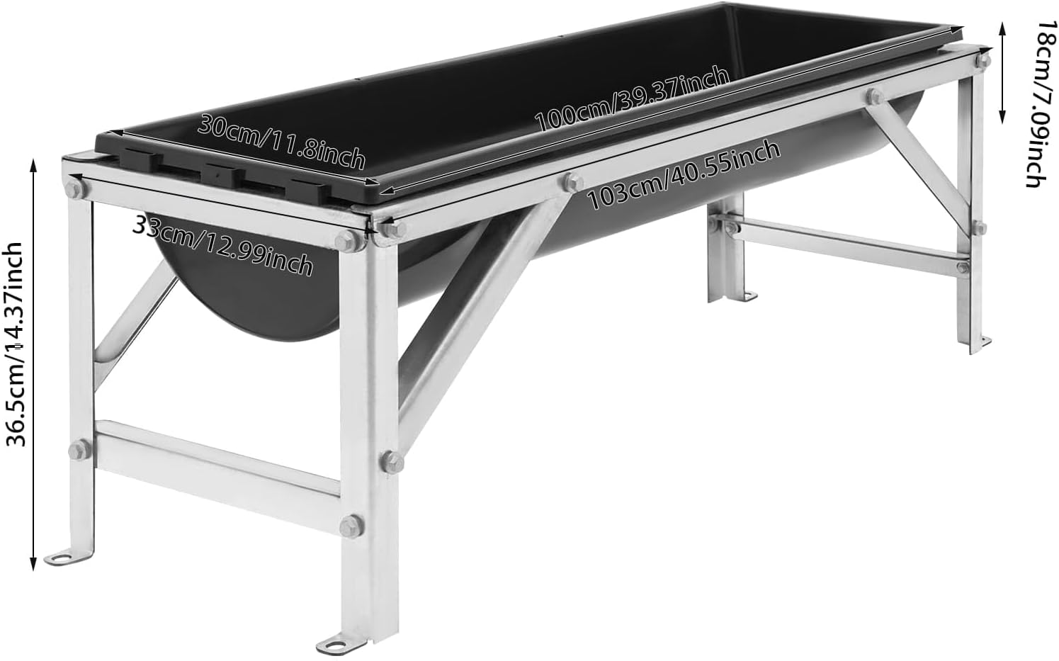Livestock Feed Trough with Metal Stand 39" Long Large Capacity Livestock Feeder for Lambs Foals Calves Sheep Horses Alpacas and Goats in Farm (Silver+Black)