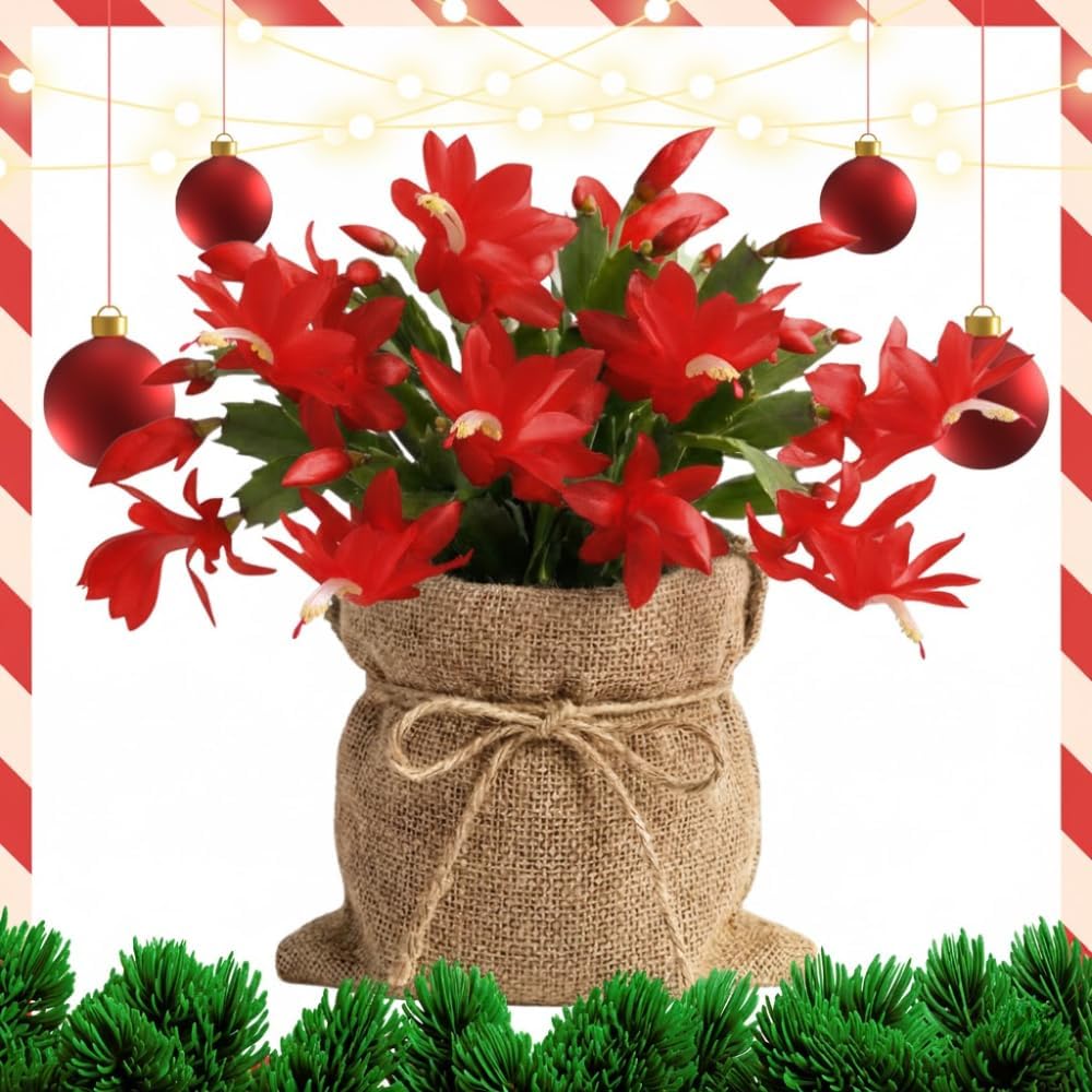 Red Christmas Cactus Live Plant, Holiday Cactus Live for Indoor Outdoor Garden, 4 Inches Pot