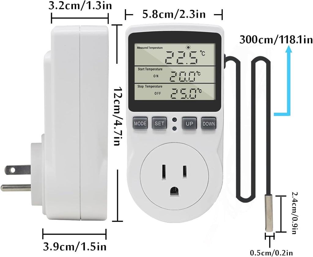 KETOTEK Digital Thermostat Outlet Plug Temperature Controller Outlet Socket 120V Heating Cooling Control 110V 15A Celsius Fahrenheit Display White