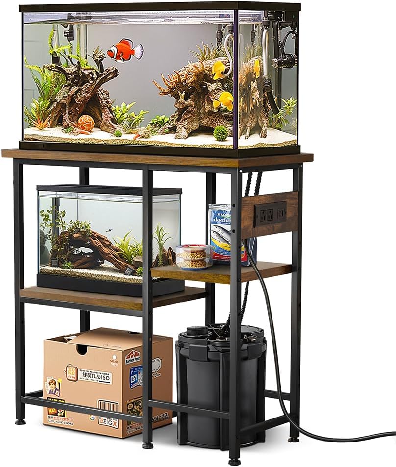 20-29-37 Gallon Fish Tank Stand with Power Outlet, Metal Aquarium Stand with Height-Adjustable Stoarge Shelves, 6-Leg Reptile Tank Stand, 400lbs Capacity