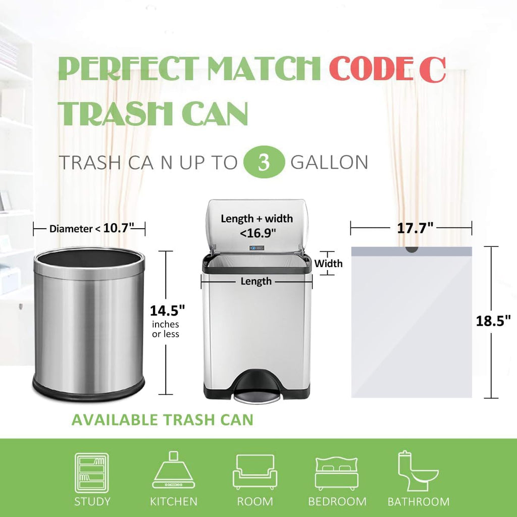 3 Gallon 220pcs Strong Drawstring Trash Bags Garbage Bags by Teivio, Bathroom Trash Can Bin Liners, Small Plastic Bags for home office kitchen, White