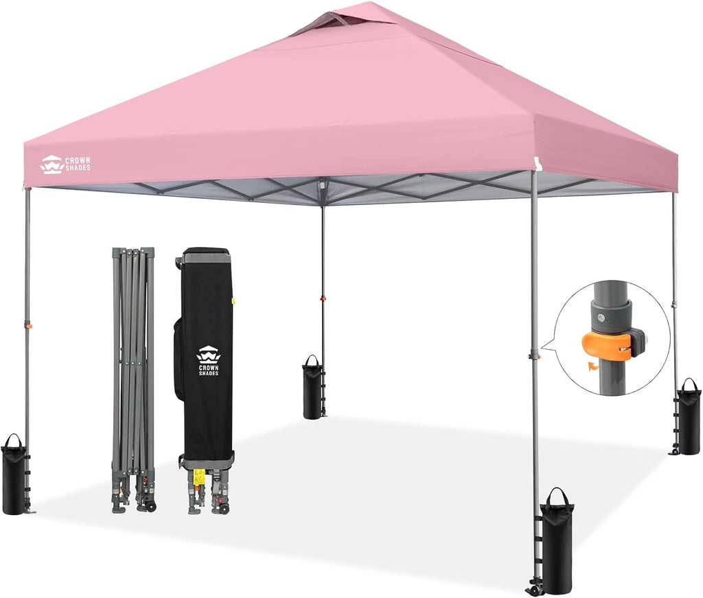 CROWN SHADES Adjustable Height on The Fly, 10x10 Pop Up Canopy - Beach Tent with One Push Setup - Easy Outdoor Sun Shade for Events, Parties, Camping - Outside Shade with STO-N-Go Bag, Pink
