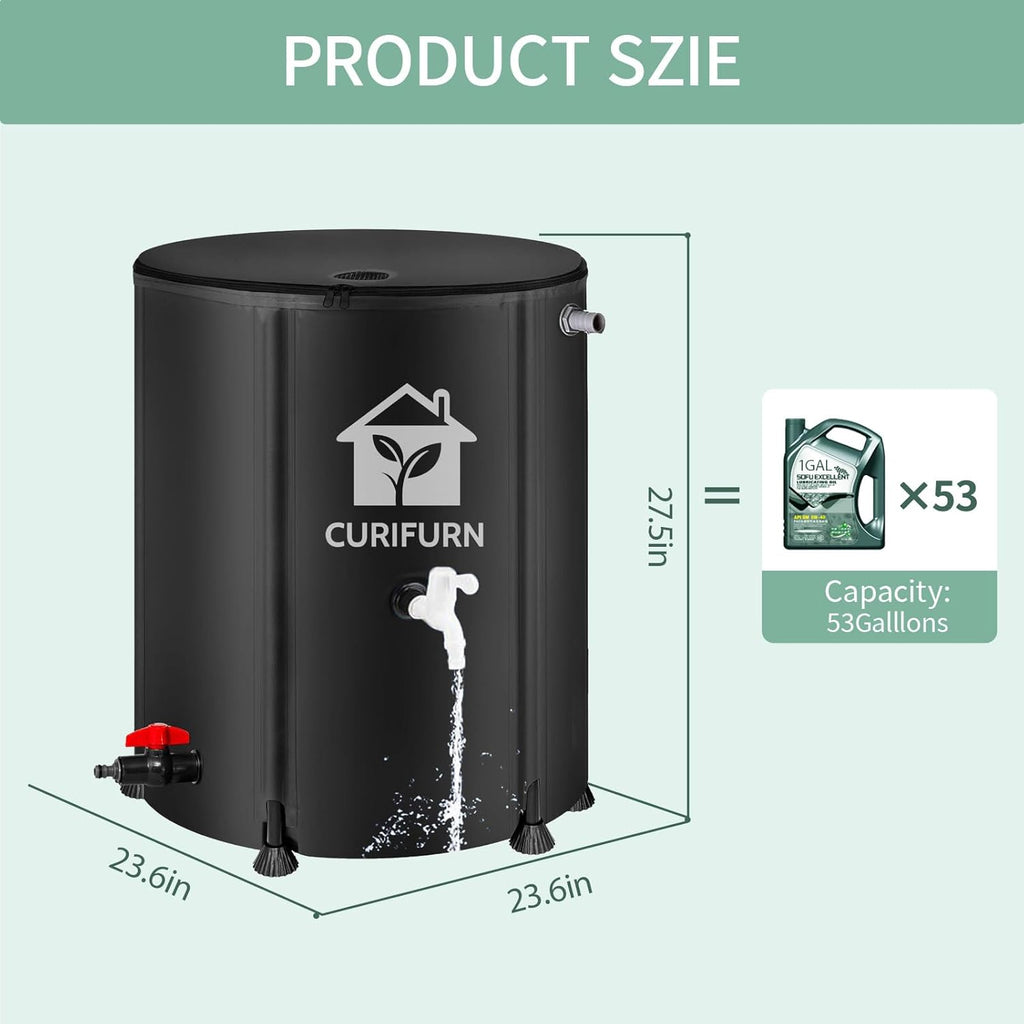 53Gal Collapsible Rain Barrel, Weatherproof Water Tank with Filter, Spigot & Overflow Kit (Reinforced Liner+Thickened Legs),Black