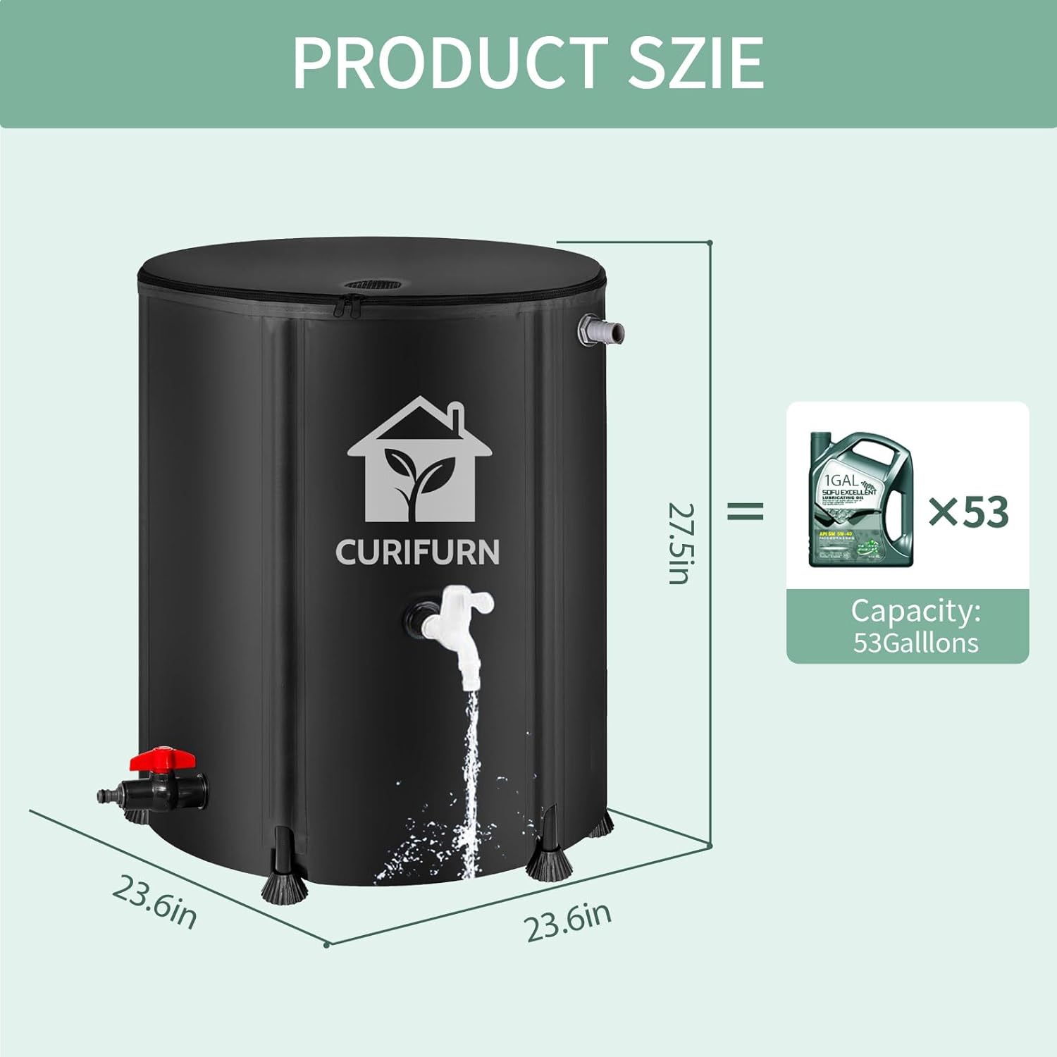 53Gal Collapsible Rain Barrel, Weatherproof Water Tank with Filter, Spigot & Overflow Kit (Reinforced Liner+Thickened Legs),Black