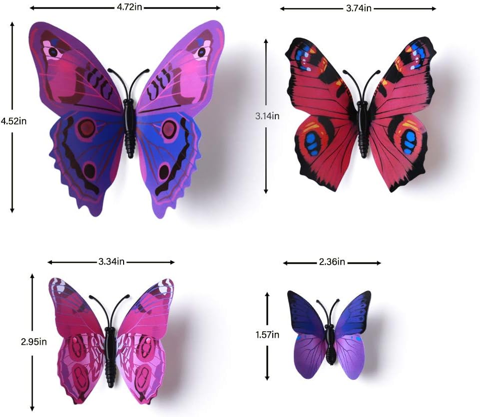LiveGallery 72 PCS Purple Removable 3D DIY Beautiful Butterfly Wall Decals Colorful Butterflies Art Decor Wall Stickers Murals for Kids Baby Boy Girls Bedroom Classroom Offices TV Background