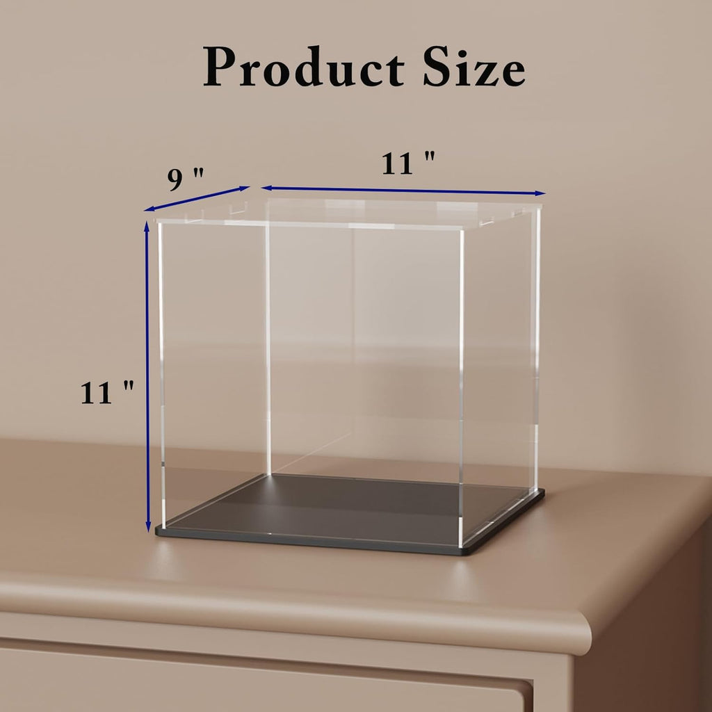 SVENJBB Acrylic Display Case, 11x9x11 Inch Cube Acrylic Boxes for Display, Clear Display Cases with Matte Black Base and Lid for Tiny House Kit and Miniature Dollhouse