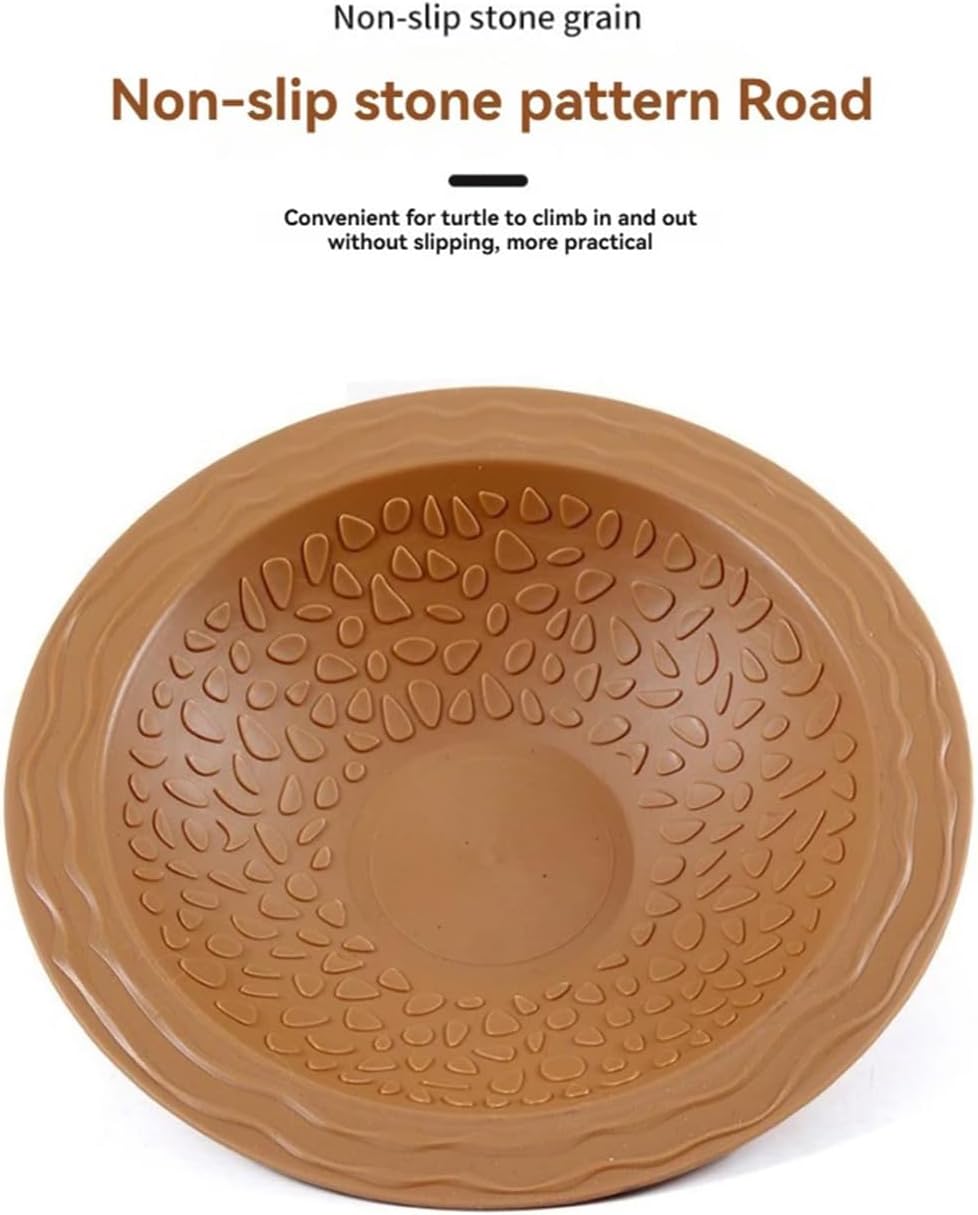 Flushbay Round Reptile Bathing Pool Reptile Feeding Dish Water Bowl with Ramp Aquarium Ornament for Gecko, Snake, Turtle, Bearded Dragon, Lizard Bath (Brown-Yellow)