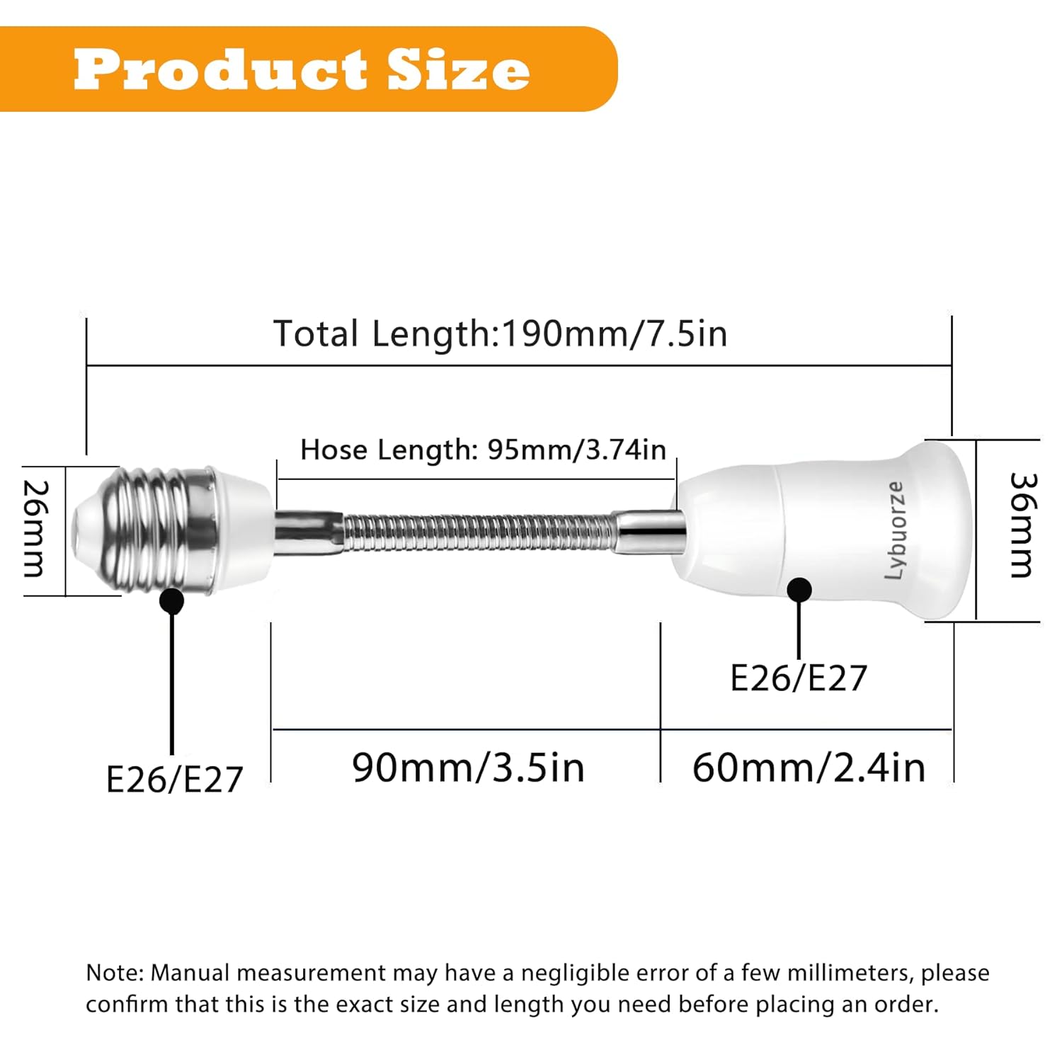 Light Bulb Extender Socket (2-Pack), 19 CM 7.5 Inch Socket Extension, 360° Bendable Adjustable Standard E26/E27 Screw Base Extender Adapter