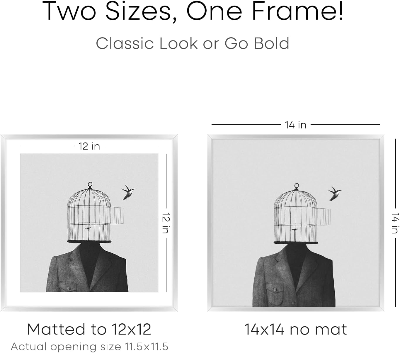 Homeforia Silver 14x14 Picture Frame, High End Metal 14 x 14 Square Frame with Mat 12 x 12 Photo, 14x14 Poster Frames Matted to 12x12 Print, 14 by 14 Hanging Frames, Tempered Glass, Wall Kit, Set of 2