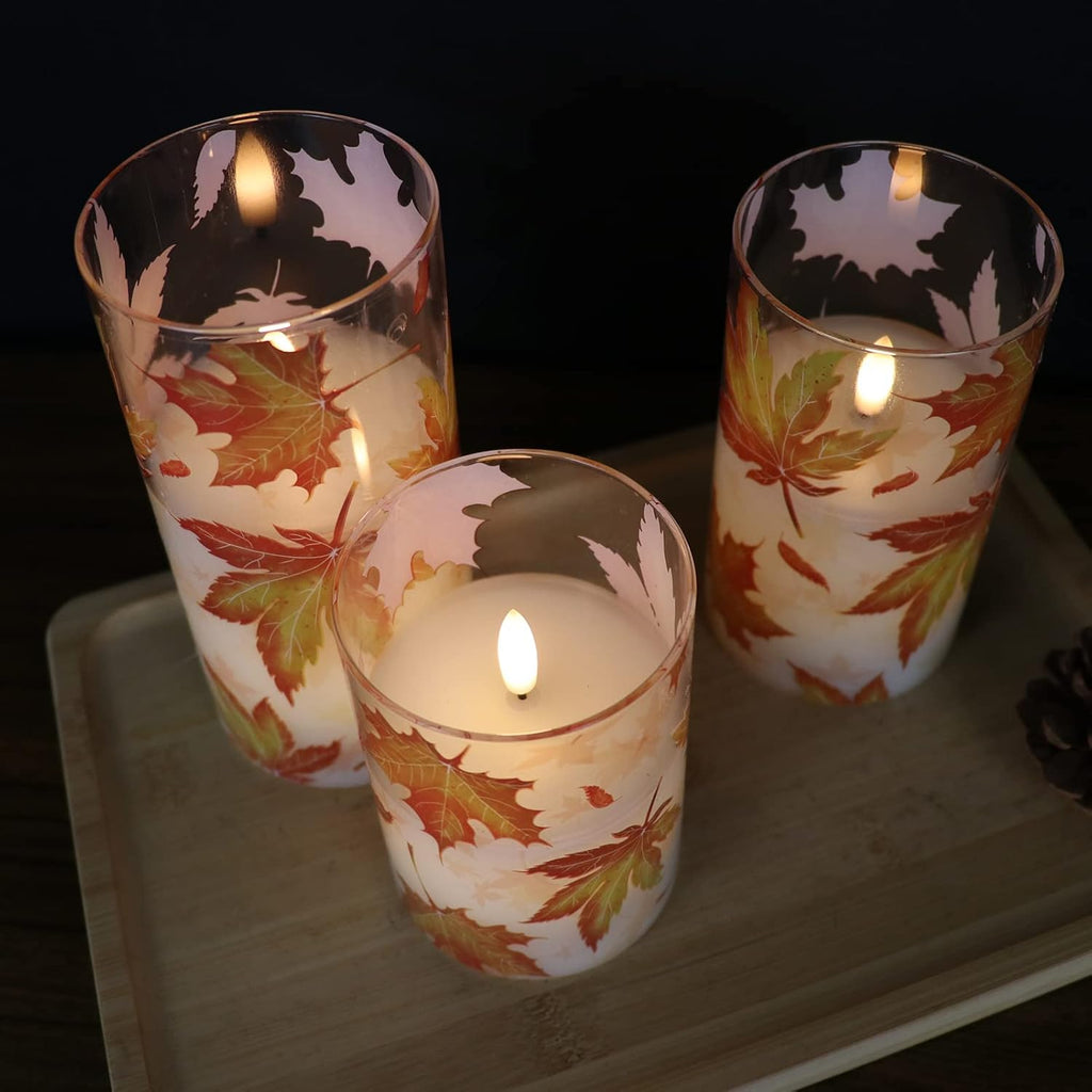 GenSwin Glass Maple Leaf Flameless Candles with Remote Timers, Battery Operated LED Flickering Candles, Real Wax Pillar Candles Christmas Wedding Decoration