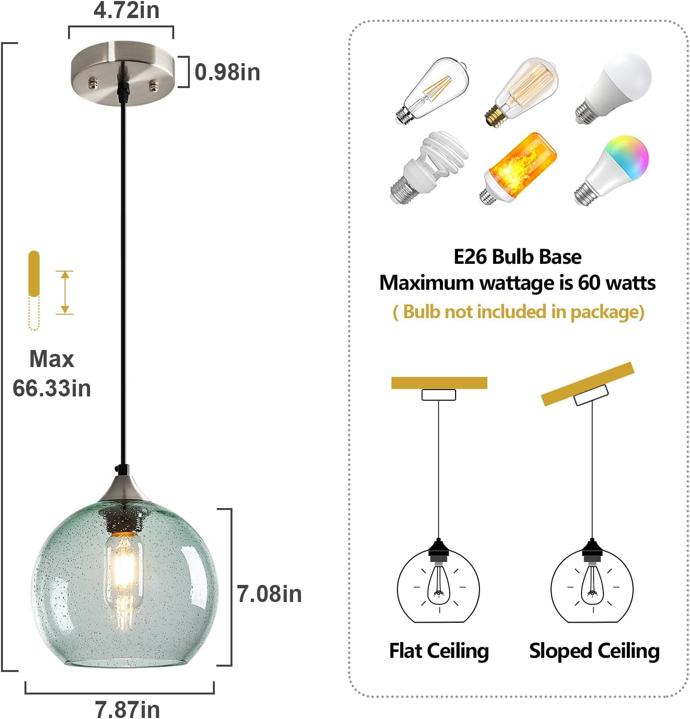 Light Green Glass Pendant Lights Kitchen Island Lighting Globe Pendant Light Fixtures Modern Pendant Lighting for Bedroom Living Dining Room Light Fixture (7.87 in, 2 Pack)
