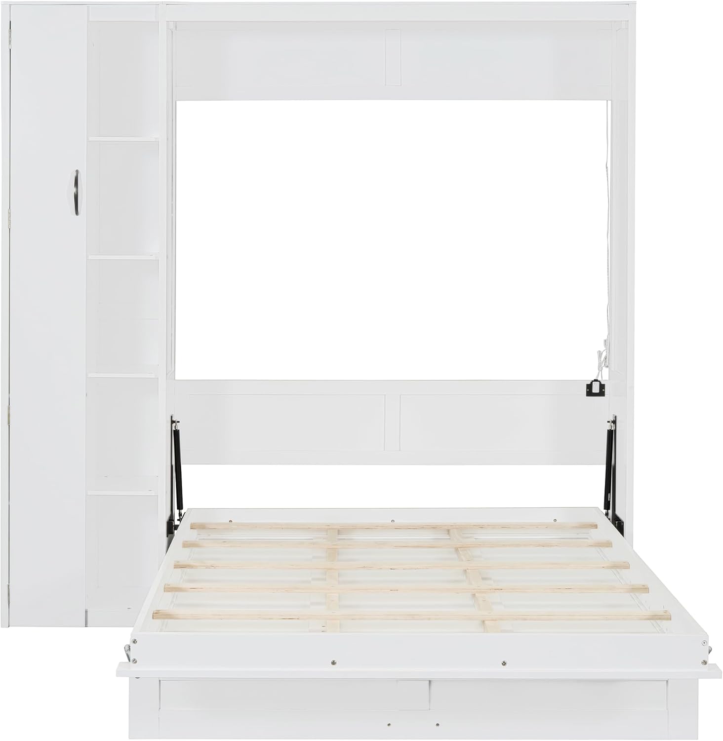 Merax Full Size Murphy Bed Wall Bed with Shelves, Drawers and LED Lights,White