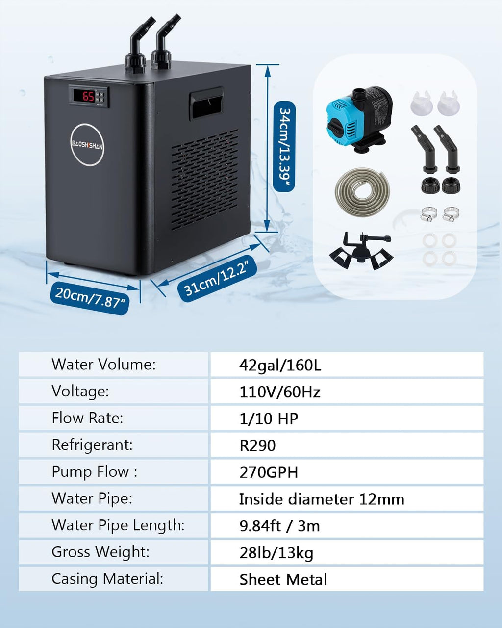 BAOSHISHAN Aquarium Chiller 42gal 1/10 HP Water Chiller for Hydroponics System with Compressor Refrigeration Special Quiet Design for Fish Tank Axolotl Coral Reef Tank 160L