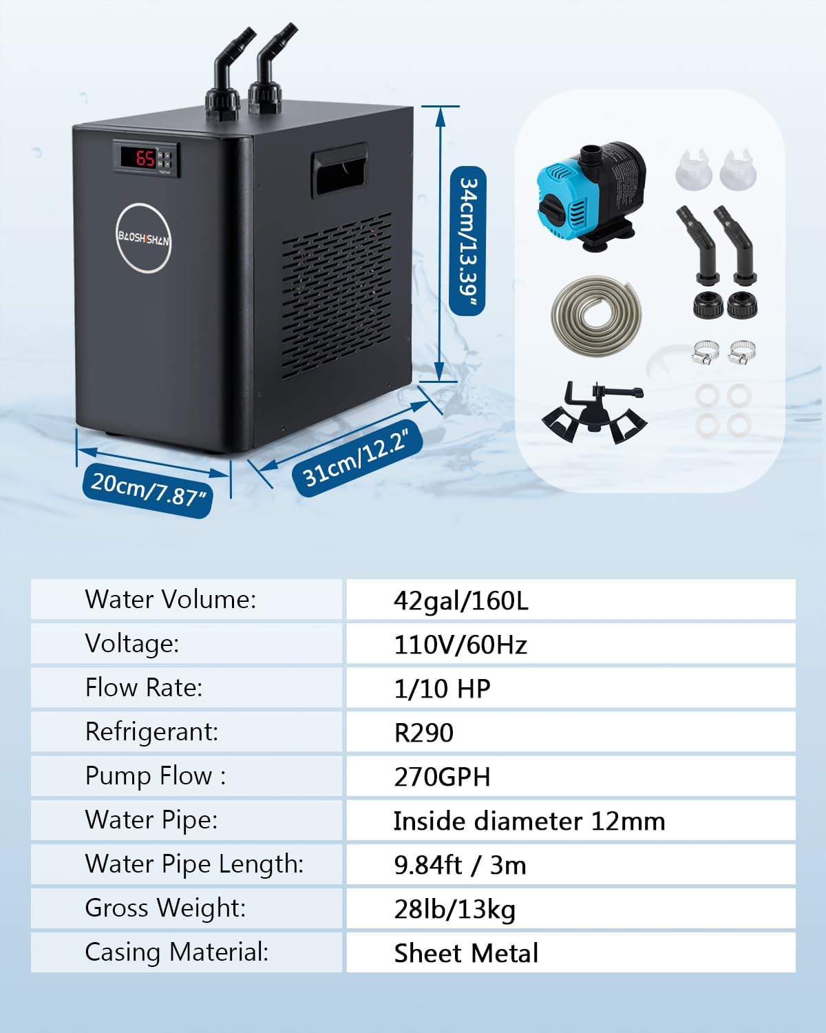 BAOSHISHAN Aquarium Chiller 42gal 1/10 HP Water Chiller for Hydroponics System with Compressor Refrigeration Special Quiet Design for Fish Tank Axolotl Coral Reef Tank 160L