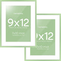 Homeforia 9x12 Sage Green Frame, High End Metal 9 x 12 Picture Frame with Mat 7 by 10 inch Photo, 9by12 Poster Frame Matted to 7x10 Art, 12x9 Wall or Tabletop Frame, Tempered Glass, Wall Kit, Set of 2
