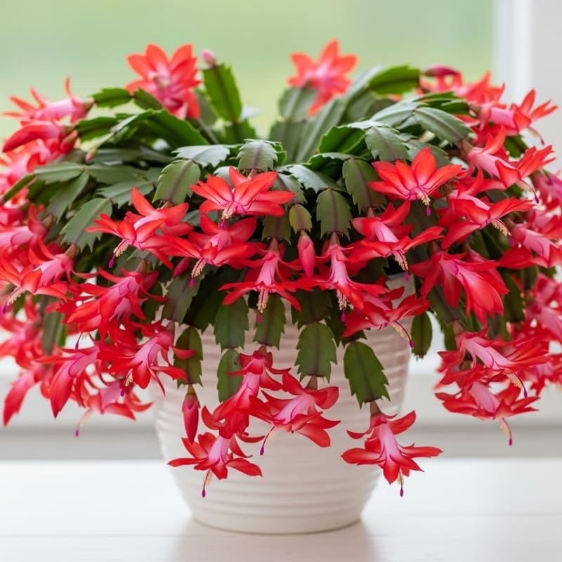 2 Red Christmas Cactus Plants Live, True Thanksgiving Cactus Live Size 6-9" Inches Tall, Ready to Blooms, Holiday Houseplant, Cold Hardy, Bloom in Winter