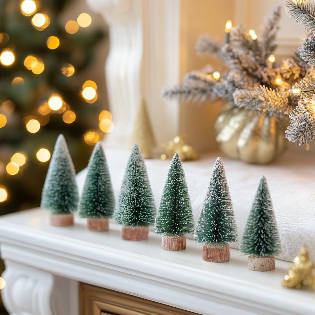 10pcs 4inch Mini Christmas Tree Bottle Brush Trees Chrismas Village Trees Ornaments Snow Mini Plastic Christmas Trees with Wooden Base for Christmas Decoration Miniature Chrismas Tree