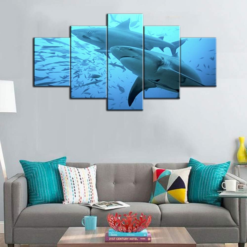 Living Room Wall Decor Shark with Small Fish in the Deep Wate Pictures Blue Wall Art 5 Panels Printed on Canvas Paintings Seascape Artwork for Home Stretched and Framed Ready to Hang(60''Wx32''H)