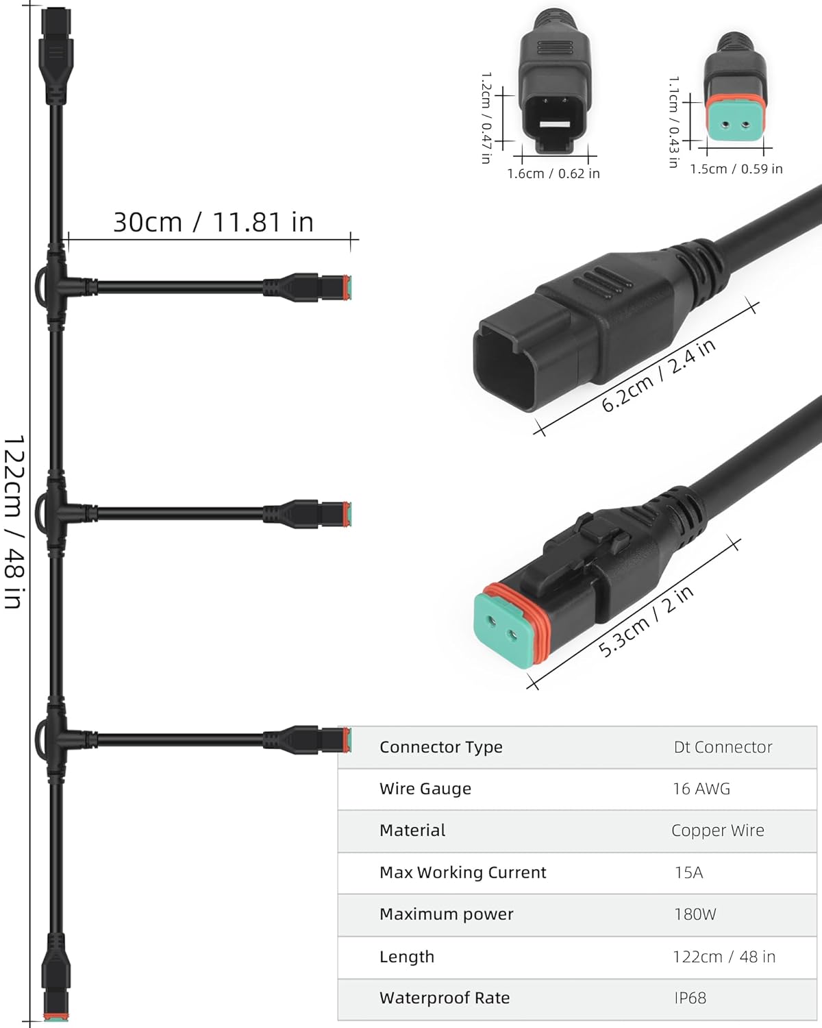 4 in 1 4ft Wiring Harness Extension Kit, Deutsch Dual DT Adapter Connector Splitters,Retrofit 2Pin Plug and Play DT Connector Universal for Offroad LED Light Bar, Work Light, Fog Lights