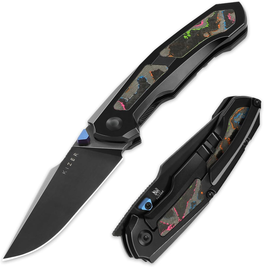 Kizer Feweed Pocket Knife, 2.98" S45VN Clip Point Blade Folding Knife with Titanium Handle with CamoCarbon 80s Inlay, Front Flipper & Thumb Stud Opener EDC Knives for Camping Hiking KI3694A3