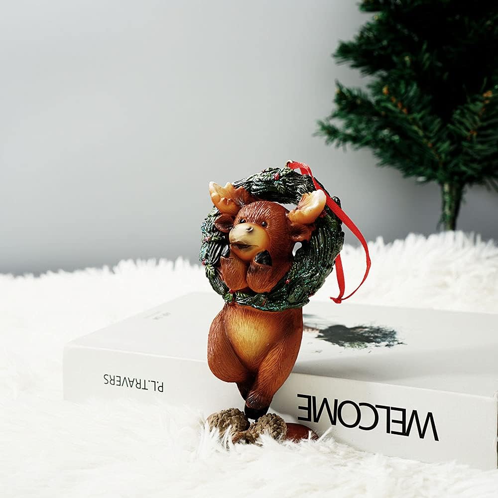 Christmas Small Animal Wreath Swing Ornament Hanging Decor for Xmas Tree Home Office Room Decoration with String (New, Deer)