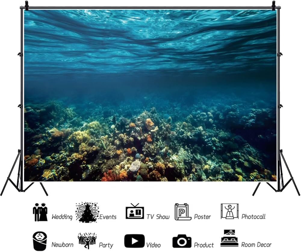 Renaiss 8x6ft Underwater World Backdrop Undersea Sunlight Seascape Photography Background Deep Blue Water Seabed Corals Aquarium Backdrop Ocean Diving Hawaiian Luau Party Banner Photo Booth Props